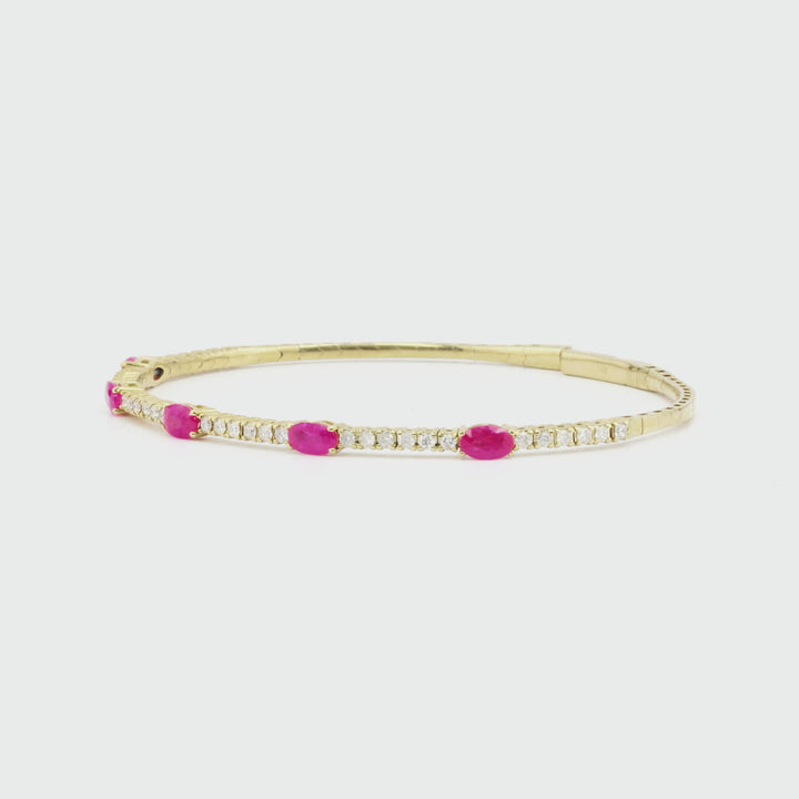 1.15 Cts Ruby and White Diamond Flex Bangle in 14K Yellow Gold