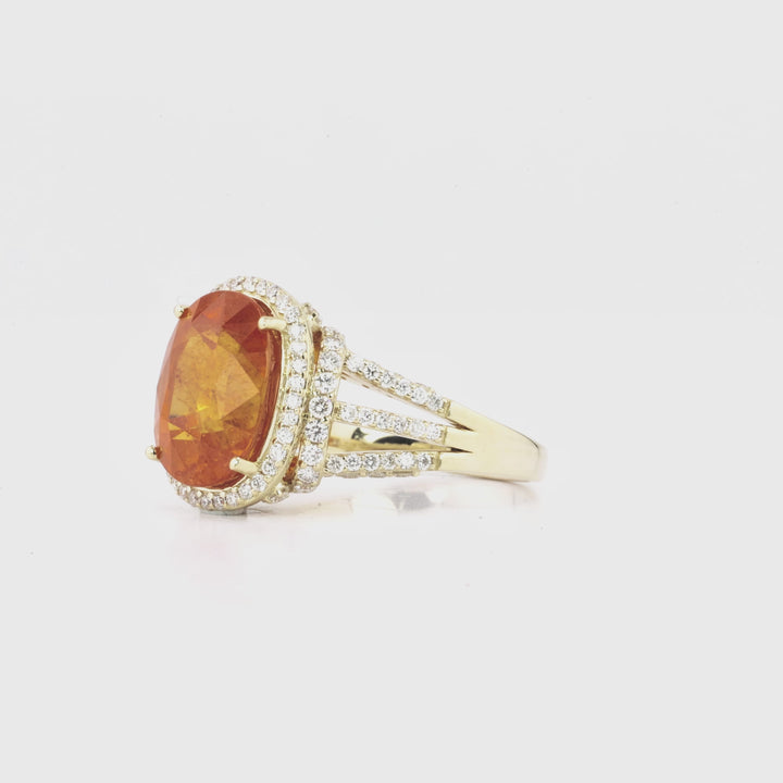 9.34 Cts Spessartite and White Diamond Ring in 14K Yellow Gold
