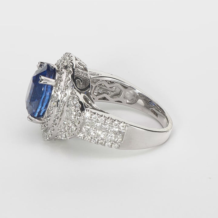 6.35 Cts Blue Sapphire and White Diamond Ring in 14K White Gold