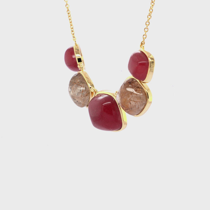 Ruby Colored Beryl and Golden Rutile 5 Stone Necklace in Brass