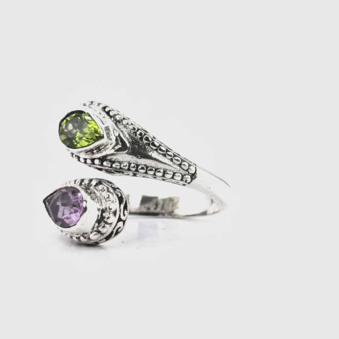 0.80 Cts Amethyst and Peridot Bypass Ring in Oxidized 925 Silver