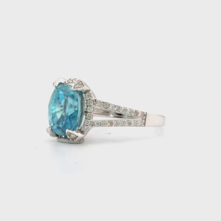 7.37 Cts Blue Zircon and White Diamond Ring in 14K White Gold