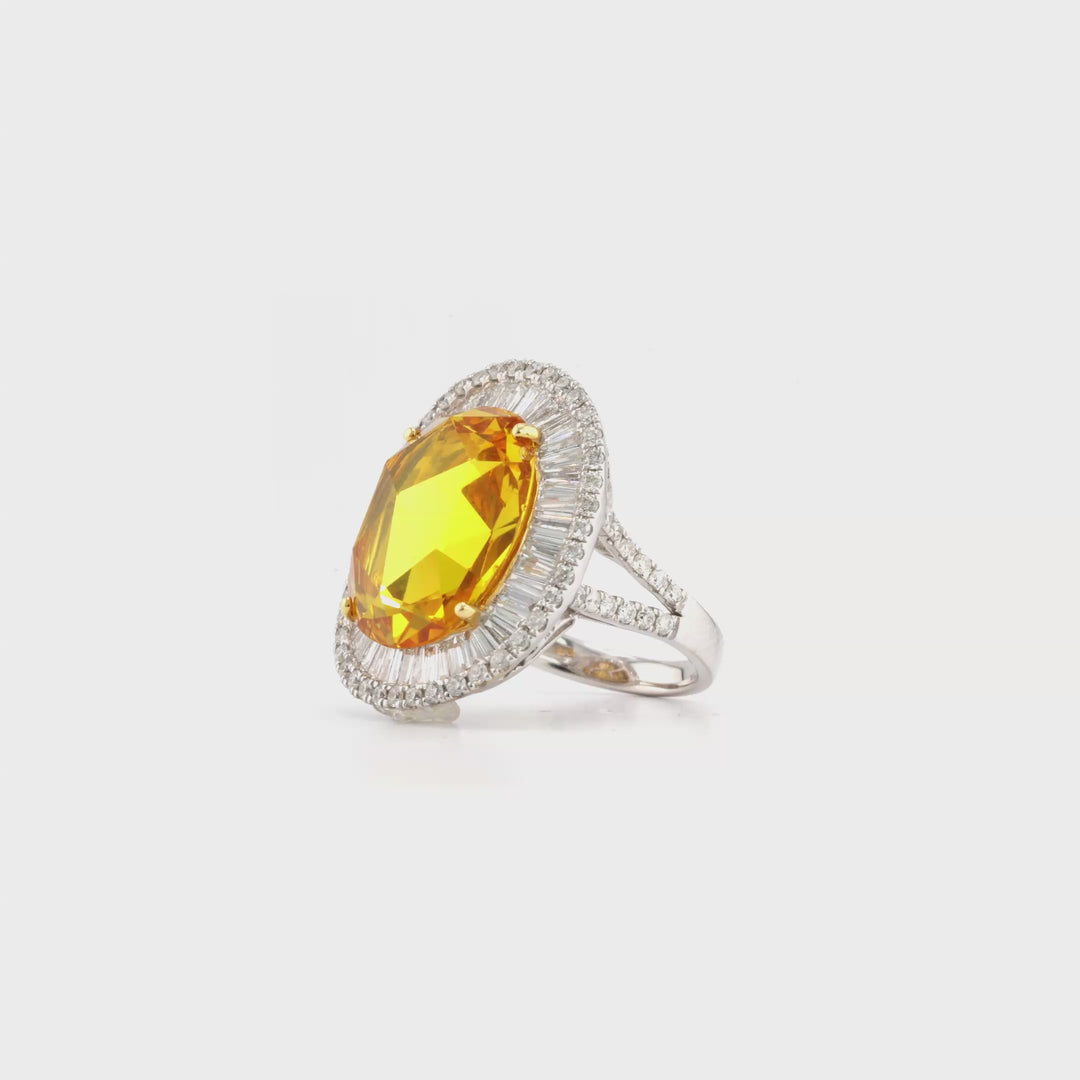 14.46 Cts Yellow Sapphire and White Diamond Ring in 18K Two Tone