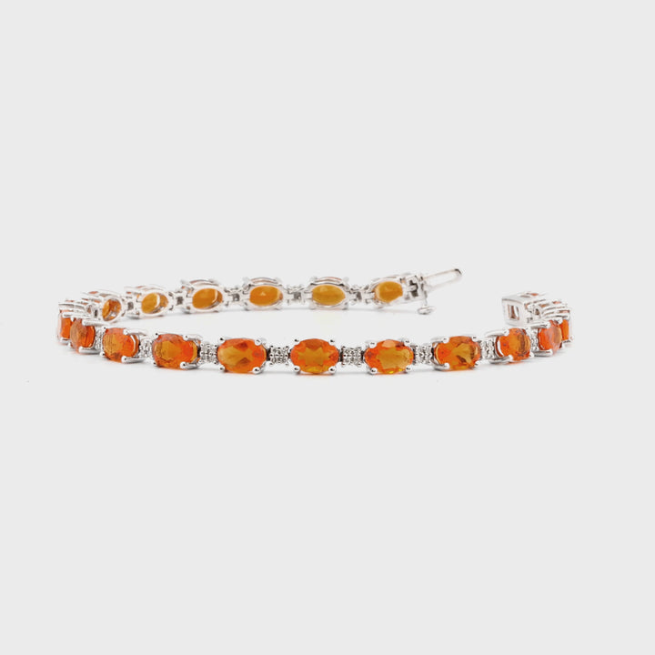 7.80 Cts Mexican Fire Opal and White Diamond Bracelet in 14K White Gold