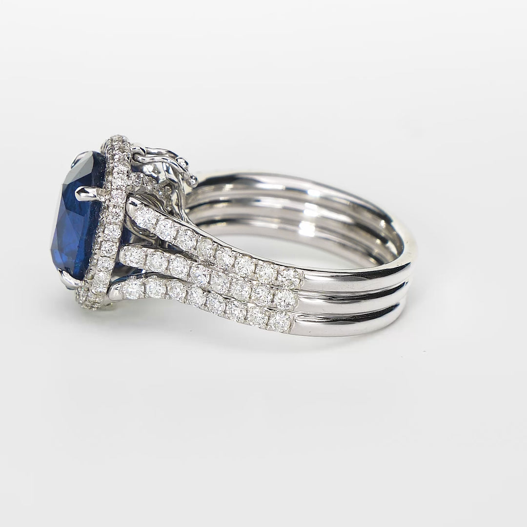5.40 Cts Blue Sapphire and White Diamond Ring in 14K White Gold
