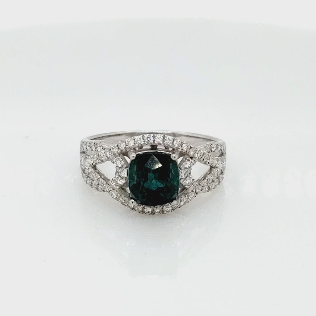 1.96 Cts Indicolite Tourmaline and White Diamond Ring in 14K White Gold