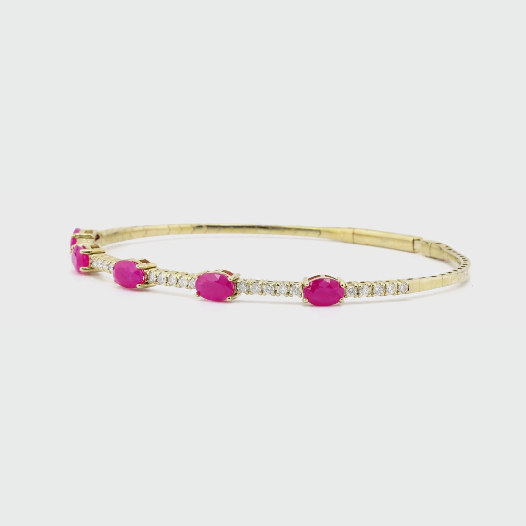 3 Cts Ruby and White Diamond Flex Bangle in 14K Yellow Gold