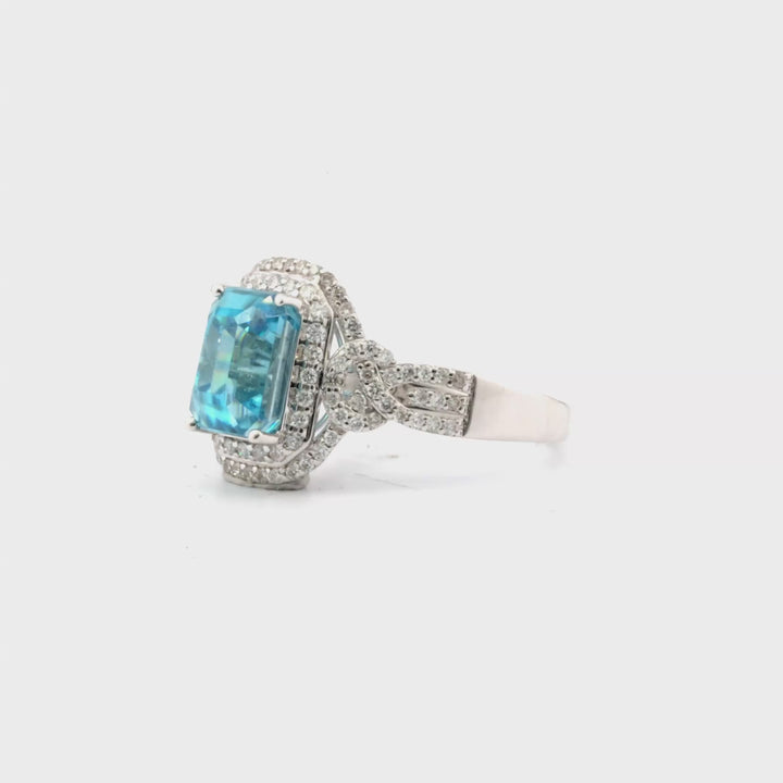 6.08 Cts Blue Zircon and White Diamond Ring in 14K White Gold