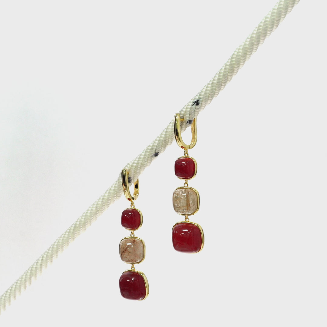 Ruby Colored Beryl and Golden Rutile 3 Stone Earring in Brass