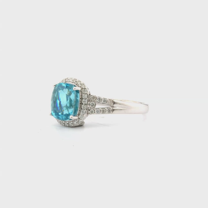 4.73 Cts Blue Zircon and White Diamond Ring in 14K White Gold