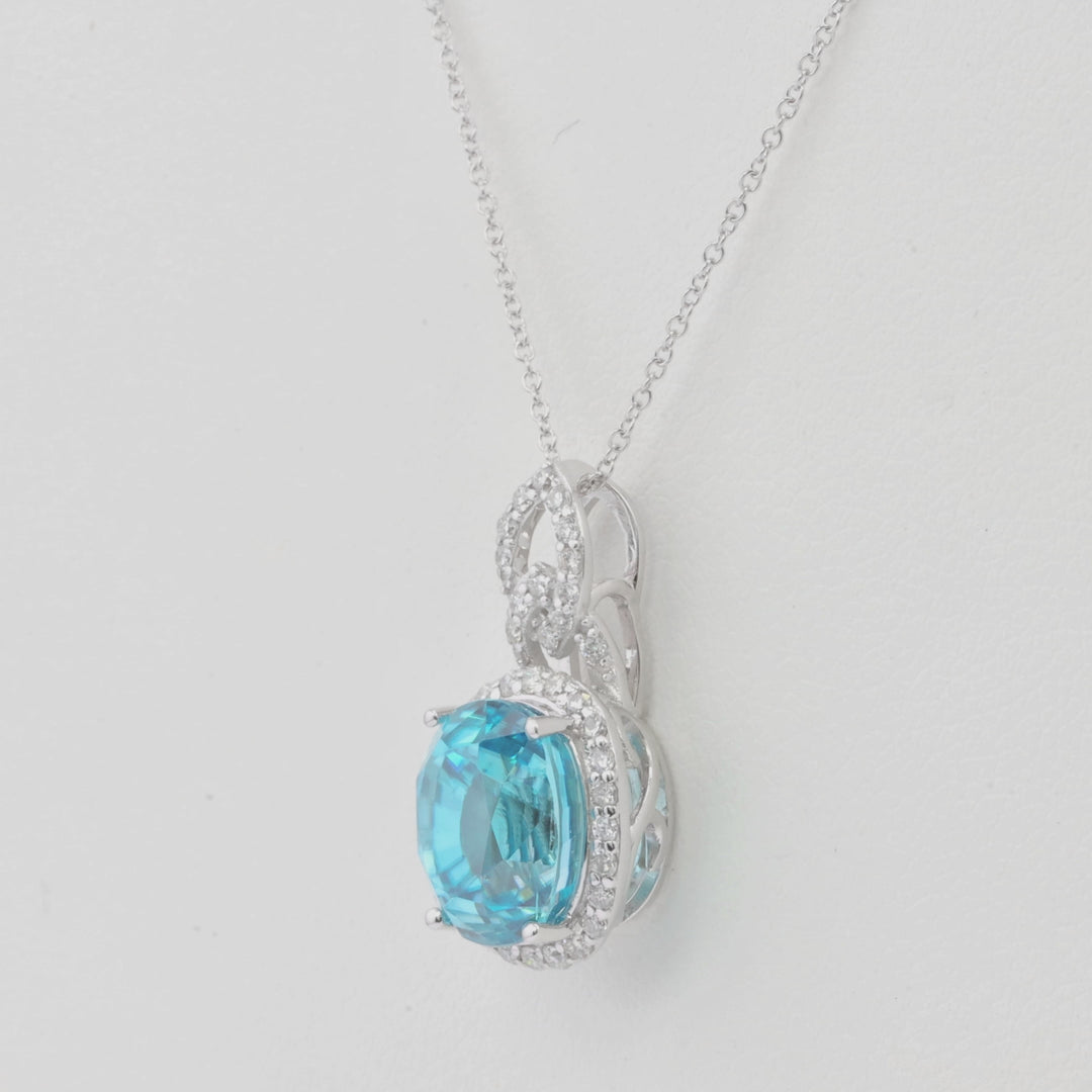 6.01 Cts Blue Zircon and White Diamond Pendant in 14K White Gold