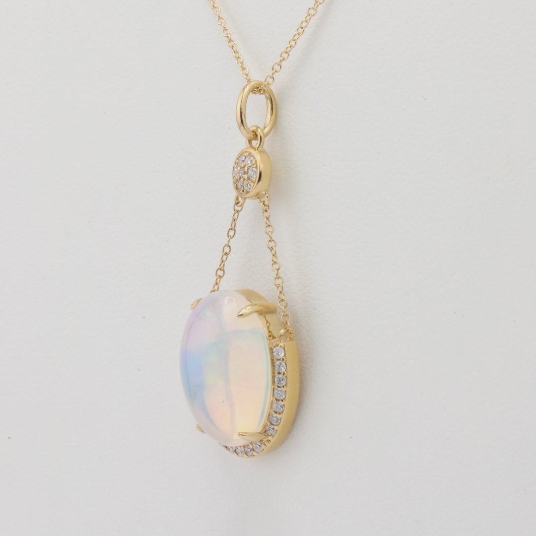 3.59 Cts White Opal and White Diamond Pendant in 14K Yellow Gold