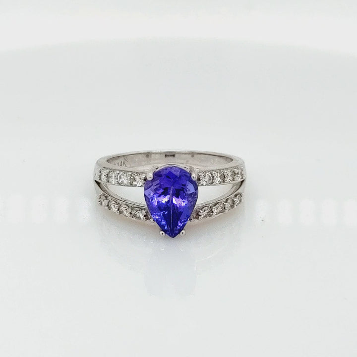 2.20 Cts Tanzanite and White Diamond Ring in 14K White Gold