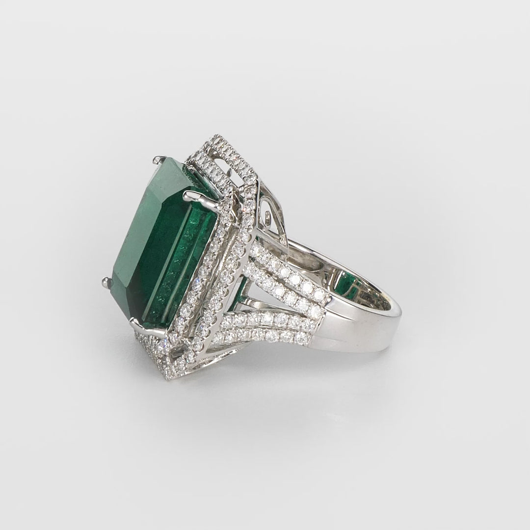 15.69 Cts Emerald and White Diamond Ring in 18K White Gold